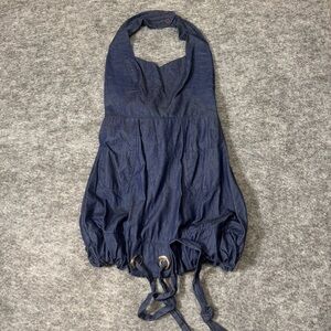 Mala Brajkovic Designer Artsy Denim Halter Top Drawstring Bottom Mini Dress